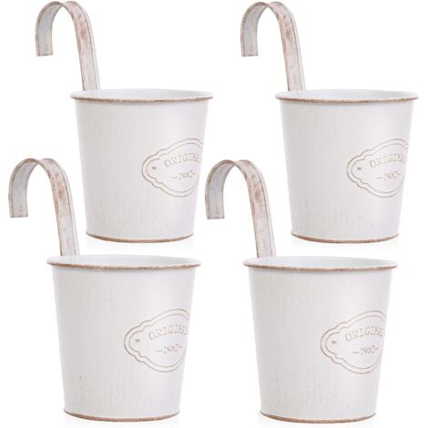 ZOLGINAH 4 Pcs Pots de Fleurs à Suspendre en Métal avec Trou de Drainage, Petits Pots de Fleurs Blancs avec Crochet Amovible, Style Vintage pour Balcon,Jardin, Extérieur et Intérieur (1/5)