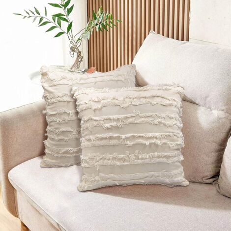 ZOLGINAH Housse de Coussin pour Canape: 45x45 Lin de Coton Carré Taie Oreiller avec Gland - Boheme Decoration Jardin Maison Salon Chambre pour Canapé (2 pc, Blanc Ivoire) (1/5)