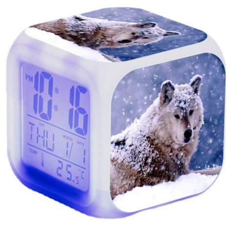 ZOLGINAH Réveil LED Wolf - Pour enfant - Réveil de chevet - Carré - Écran LCD éclairé - Motif loup (5) (1/5)