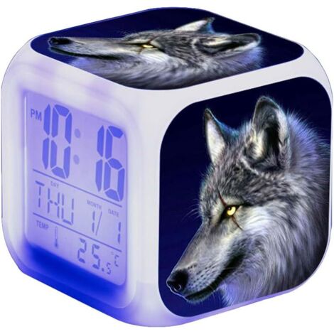 ZOLGINAH Réveil pour enfant Wolf - LED - Réveil de chevet - Carré - Éclairage LCD - Motif loup (3) (1/5)