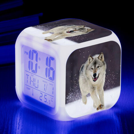 ZOLGINAH Réveil LED Wolf - Pour enfant - Réveil de chevet - Carré - Écran LCD éclairé - Motif loup (9) (1/5)