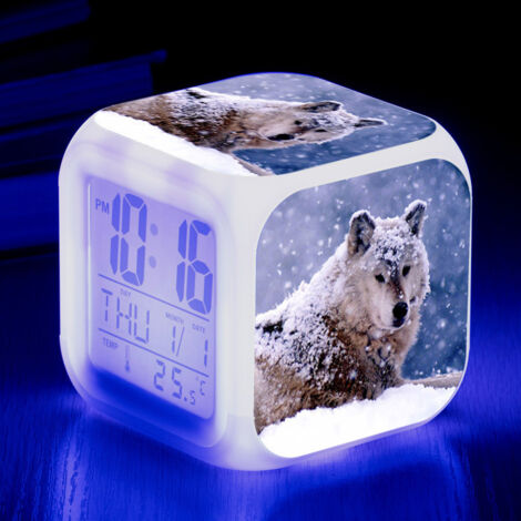 ZOLGINAH Réveil LED Wolf - Pour enfant - Réveil de chevet - Carré - Écran LCD éclairé - Motif loup (12) (1/5)