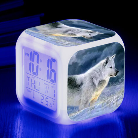 ZOLGINAH Réveil LED Wolf - Pour enfant - Réveil de chevet - Carré - Écran LCD éclairé - Motif loup (17) (1/5)