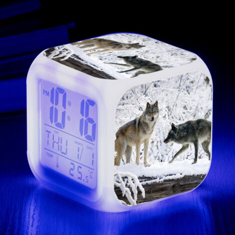 ZOLGINAH Réveil LED Wolf - Pour enfant - Réveil de chevet - Carré - Écran LCD éclairé - Motif loup (11) (1/5)