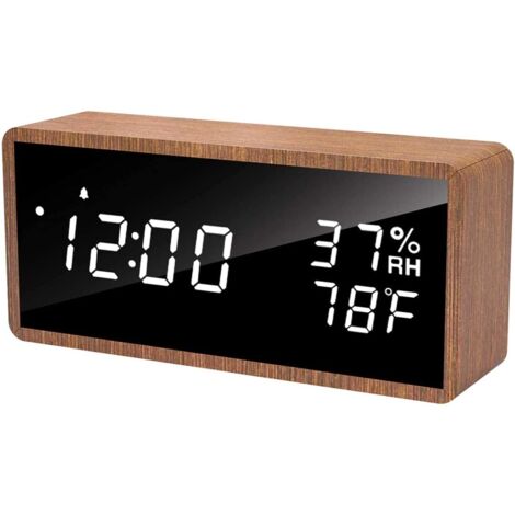 ZOLGINAH Réveil Électronique, Réveil Numérique en Bois avec 3 Réglages d'Alarme, Horloge Numérique Alimenté par USB avec Affichage LED de l'Heure, de la Température et de l'Humidité (Marron) (1/5)