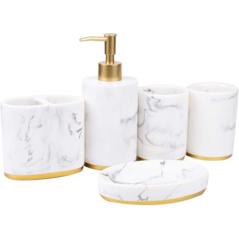 ZOLGINAH Ensemble d'accessoires de salle de bain 5 pièces pour salle de bain, distributeur de savon, pompe avec motif marbre, support pour brosse à dents, bol à savon (1/5)