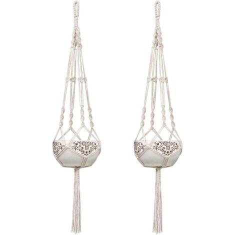 2 Paquets 105cm Blanc Crème Macramé Plante Suspension Corde Pot de Fleurs Suspendu Exterieur Interieur Solide Corde de Coton Pots Support pour Fleur Décoration Mural Balcon Jardin Style Bohême (1/5)