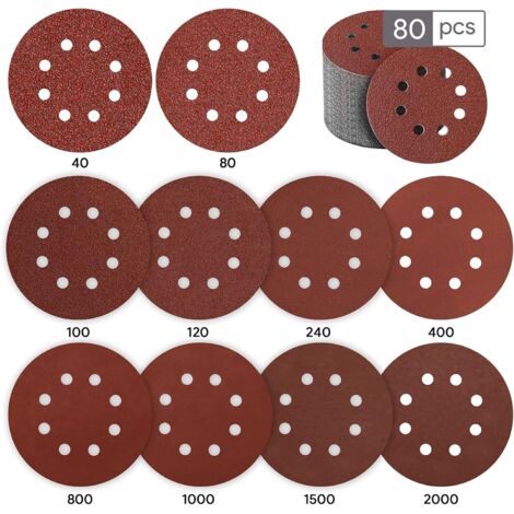 10 x P40 / P80 / P100 / P120 / P240 / P400, 5 x P800 / P1000 / P1500 / P2000 8 Trous Disque de Ponçage, 80 Pièces Disque a Poncer 125mm Papier Ponceuse Disque Abrasif pour Ponceuse Excentrique (1/5)