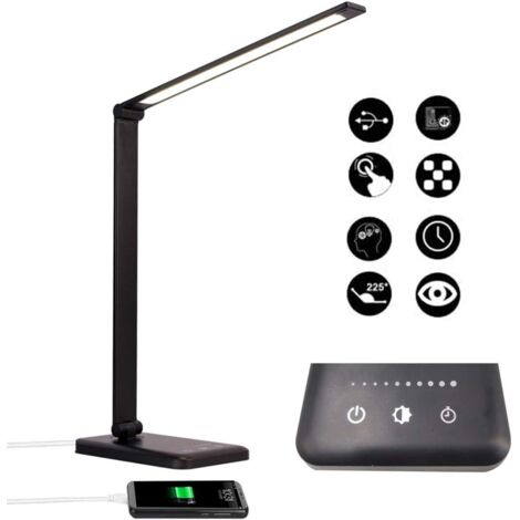 Lampe de Bureau LED Réglable, Lampe de Table 5 Modes de Couleur et 5 Niveaux de Luminosité Ajustable, Lampe de Chevet Port USB Charge et Fonction Minuterie, Flexible Contrôle Tactile Protection, Noir (1/5)
