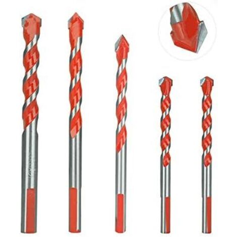 Lot de 5 forets de maçonnerie multifonctionnels à pointe en carbure pour carrelage, béton, brique, verre et bois (6 mm, 8 mm, 10 mm, 12 mm) - Rouge (1/5)