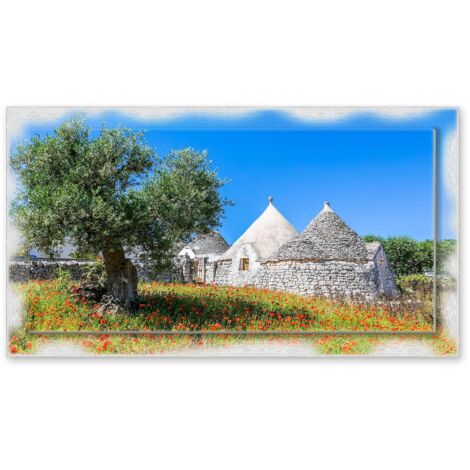 Lupia - Quadro moderno su Tela con Cornice stampata NEWEXT 75x135 cm, paesaggi localismi italiani, per casa soggiorno capezzale camera da letto hotel ufficio, PUGLIA TRULLI E ALBERO ULIVO (1/4)