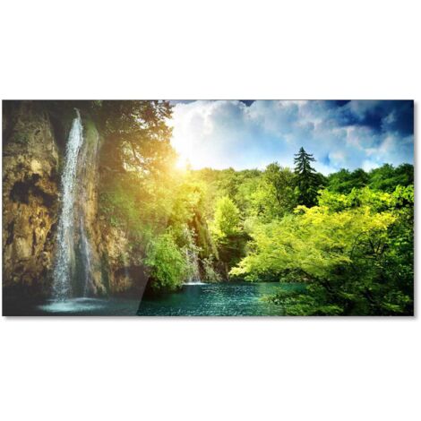 Lupia Quadro Moderno Stampa su Vetro Temperato GLASS WATERFALL IN DEEP FOREST Alta Definizione e Lucentezza di Colori Design Elegante per Soggiorno, Camera, Ufficio Facile da Appendere, 73x139 cm (1/4)