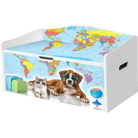 Baule portagiochi in legno per bambini con stampa organizer L68xP28xH40 cm GLOBETROTTERS