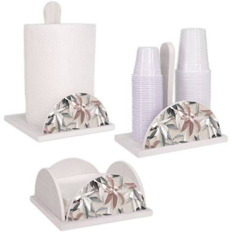 Lupia - Set 3 Pezzi Cucina in Legno White LEAVES MIX: Porta Tovaglioli, Porta Bicchieri, Porta Rotolo, Decorazione Elegante, Adatto a Stili Moderni e Classici, stile foglie grigie Legno bianco (1/4)