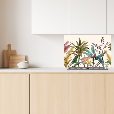 Lupia Pannello Paraschizzi Schienale Cucina con decorazione stampata, BANANA LEAVES, in Alluminio composito, Facile da applicare, Lavabile Ignifugo Resistente all'Acqua 90xH62,5 cm