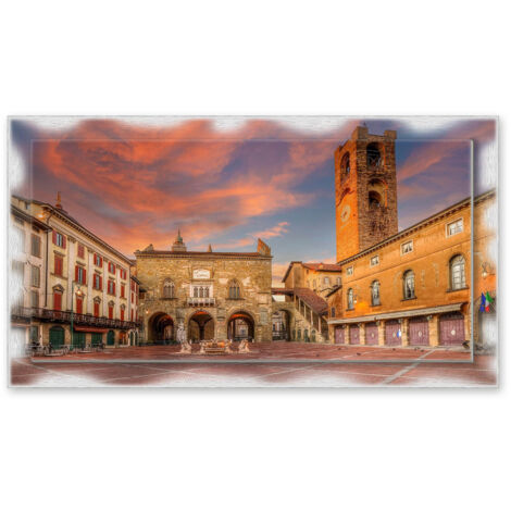 Lupia - Quadro moderno su Tela con Cornice stampata NEWEXT 75x135 cm, paesaggi localismi italiani, per casa soggiorno capezzale camera da letto hotel ufficio, BERGAMO PIAZZA VECCHIA (1/4)