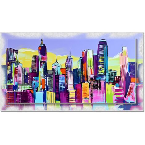 Lupia - Quadro moderno su Tela con Cornice stampata, NEWEXT 75x135 cm SKYSCRAPERS PAINTED POP, stampa tela in cotone e cornice mdf, skyline grattacieli, per soggiorno, camera da letto, cucina, ufficio (1/4)