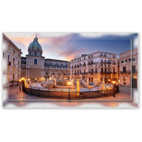 Lupia - Quadro moderno su Tela con Cornice stampata NEWEXT 75x135 cm, paesaggi localismi italiani, per casa soggiorno capezzale camera da letto hotel ufficio, PALERMO FONTANA PRETORIA (1/4)