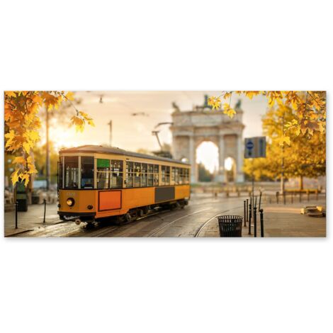 Lupia - Quadro moderno su Tela Canvas DEEP 65X143 cm, con paesaggi e localismi italiani, per casa, soggiorno, capezzale camera da letto, hotel, ufficio, MILANO - TRAM ARCO DELLA PACE (1/4)