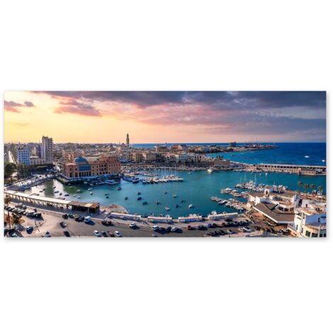 Lupia - Quadro moderno su Tela Canvas DEEP 65X143 cm, con paesaggi e localismi italiani, per casa, soggiorno, capezzale camera da letto, hotel, ufficio, PUGLIA - BARI PANORAMA PORTO