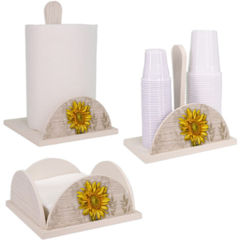 Lupia - Set 3 pezzi SHABBY GIRASOLE Porta Bicchieri, Porta Tovaglioli e Porta Rotolo, Legno decorato stile Shabby, Adatto a stile moderno e classico, Dimensioni varie, Girasole, Legno