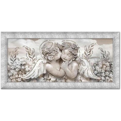 Lupia - Quadro Moderno su tela con Cornice PRINCE Multicolor ANGELS IN FLOWERS MIX SILVER, con Glitter brillantini, 63x133 cm, per Soggiorno, Camera da Letto Testata, Capezzale, Design Elegante