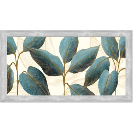 Lupia - Quadro moderno, per soggiorno camera da letto, con cornice BOSTON colore GREY, 60x110 cm, BLUE FLOWERS stampa su pannello in legno, stile floreale blu e oro (1/4)