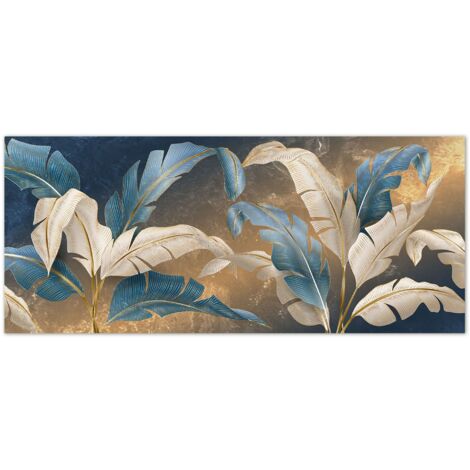Lupia - Quadro moderno Stampa su Tela CANVAS WORLD 52x122 cm LEAVES WHITE BLUE, foglie blu e oro, per soggiorno, capezzale camera da letto, ufficio