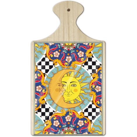 Lupia - Tagliere in Legno Decorativo con Vetro stampato a colori multiuso con manico 16x29 cm SOLE E LUNA (1/4)