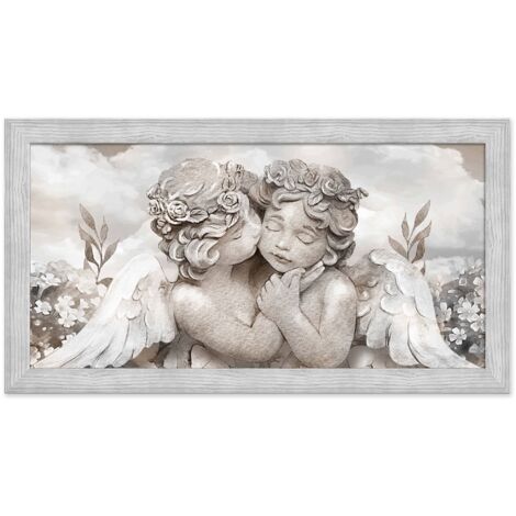 Lupia - Quadro moderno soggiorno camera da letto Angeli con cornice BOSTON colore GRIGIA, GREY 60x110 cm ANGELS IN FLOWERS MIX stampa su pannello in legno