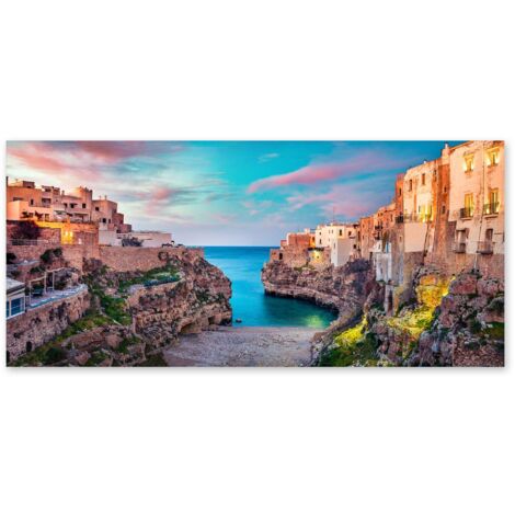 Lupia - Quadro moderno su Tela Canvas DEEP 65X143 cm, con paesaggi e localismi italiani, per casa, soggiorno, capezzale camera da letto, hotel, ufficio, PUGLIA - POLIGNANO CALA PORTO (1/4)