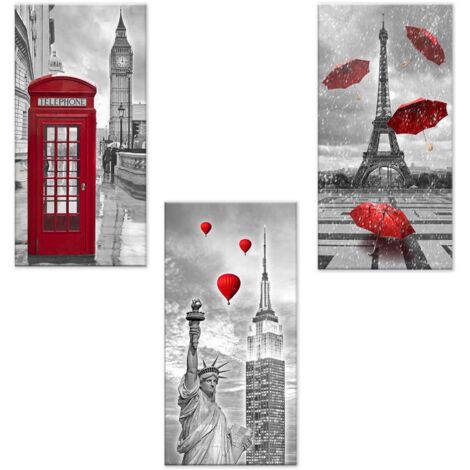 Lupia - Set 3 Quadri su Tela CANVAS DAY CITY RED 38x75 cm citta' in rosso, Stampa Vivida, Pronto da Appendere, Decorazione per Soggiorno, Capezzale Testiera Camera da Letto, Cucina, Ufficio