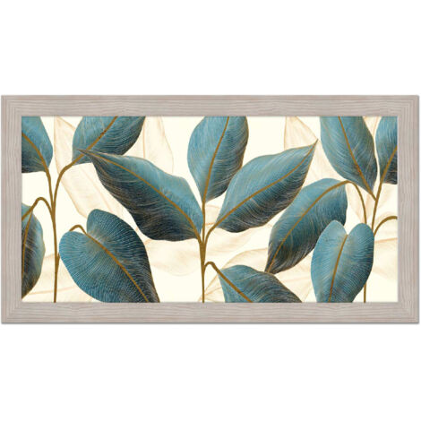 Lupia - Quadro moderno, per soggiorno camera da letto, con cornice BOSTON colore BEIGE, 60x110 cm, BLUE FLOWERS stampa su pannello in legno, stile floreale blu e oro (1/4)