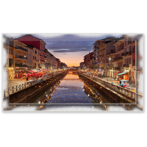 Lupia - Quadro moderno su Tela con Cornice stampata NEWEXT 75x135 cm, paesaggi localismi italiani, per casa soggiorno capezzale camera da letto hotel ufficio, MILANO NAVIGLIO TWILIGHT (1/4)