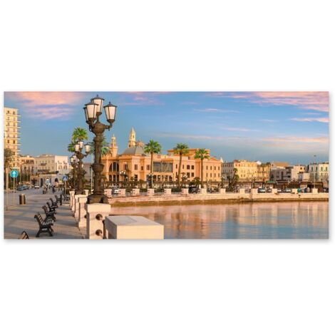 Lupia - Quadro moderno su Tela Canvas DEEP 65X143 cm, con paesaggi e localismi italiani, per casa, soggiorno, capezzale camera da letto, hotel, ufficio, PUGLIA-BARI LUNGOMARE (1/4)