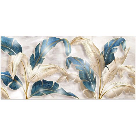 Lupia - Quadro Moderno MONDIE' LEAVES WHITE BLUE BEIGE con Stampa Alta Definizione, Lamina Argento o Oro, Adatto a Soggiorno e Camera, Made in Italy, 31x66 cm, poster su Legno