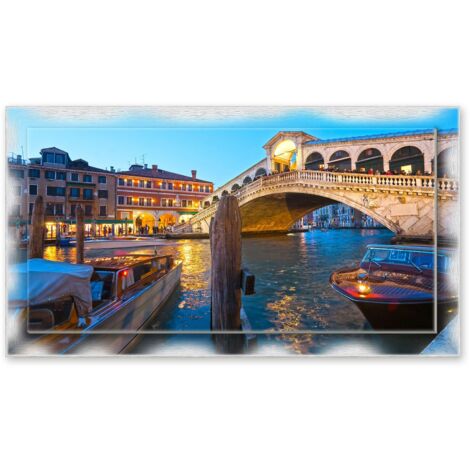 Lupia - Quadro moderno su Tela con Cornice stampata NEWEXT 75x135 cm, paesaggi localismi italiani, per casa soggiorno capezzale camera da letto hotel ufficio, VENEZIA PONTE RIALTO SERA (1/4)