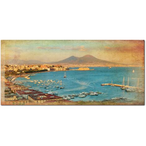 Lupia - Quadro moderno su Tela Canvas DEEP 65X143 cm, con paesaggi e localismi italiani, per casa, soggiorno, capezzale camera da letto, hotel, ufficio, NAPOLI - VESUVIO VINTAGE