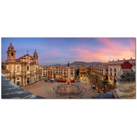 Lupia - Quadro moderno su Tela Canvas DEEP 65X143 cm, con paesaggi e localismi italiani, per casa, soggiorno, capezzale camera da letto, hotel, ufficio, PALERMO - PIAZZA SAN DOMENICO (1/4)