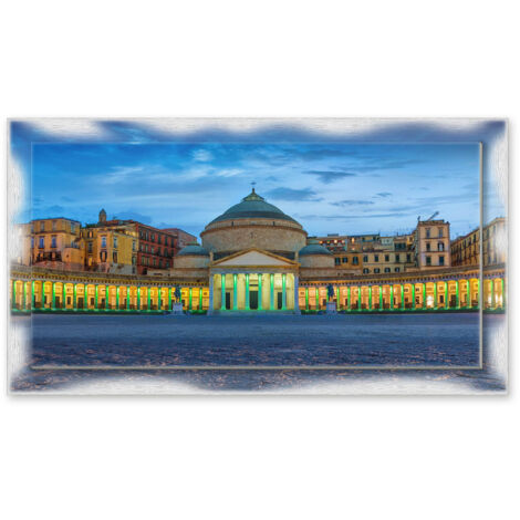 Lupia - Quadro moderno su Tela con Cornice stampata NEWEXT 75x135 cm, paesaggi localismi italiani, per casa soggiorno capezzale camera da letto hotel ufficio, NAPOLI PIAZZA PLEBISCITO SERA (1/4)