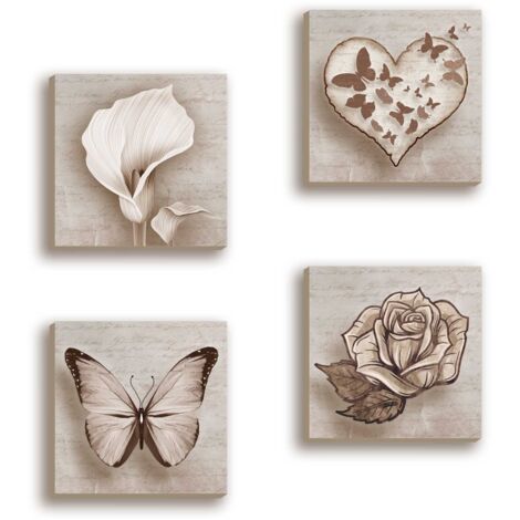 Lupia - Set 4 Quadri Moderni Shabby su Carta Telata, Pronti da Appendere, Decorazione Originale per Cucina e Ufficio, 16x16 cm, Carta, Idea regalo bomboniera, farfalla calla rosa e cuore