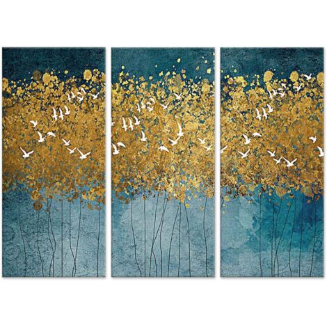Lupia - GRANDE QUADRO Moderno 3 Pezzi su Tela Flying Trees Uccelli Foresta Astratta Oro Decorazioni Parete per Soggiorno, Camera, Ufficio 100x150 cm, Colori Vivaci, Legno