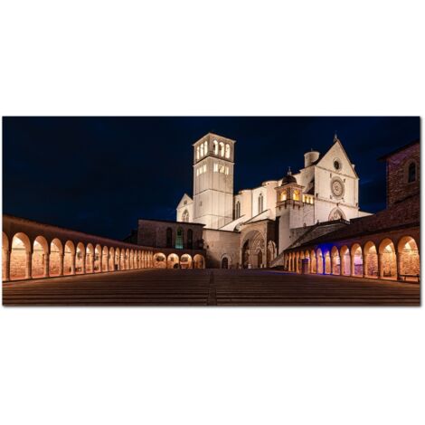 Lupia - Quadro moderno su Tela Canvas DEEP 65X143 cm, con paesaggi e localismi italiani, per casa, soggiorno, capezzale camera da letto, hotel, ufficio, PERUGIA - CHIESA SAN FRANCESCO NOTTE (1/4)