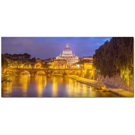 Lupia - Quadro moderno su Tela Canvas DEEP 65X143 cm, con paesaggi e localismi italiani, per casa, soggiorno, capezzale camera da letto, hotel, ufficio, ROMA - SAN PIETRO DAL TEVERE NIGHT