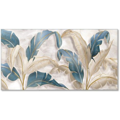 Lupia Quadro Moderno Stampa su Vetro Temperato LEAVES WHITE BLUE BEIGE 73x139 cm, Alta Definizione e Lucentezza di Colori, Design Elegante per Soggiorno, Camera, Ufficio, Facile da Appendere (1/4)