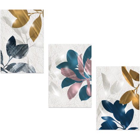 Lupia - Set 3 Quadri Moderni MONDIE' EDEN LEAVES con Stampa Alta Definizione, Lamina Argento o Oro, Adatti a Soggiorno e Camera, Made in Italy, 31x46 cm, poster su Legno