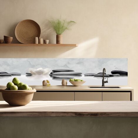 Lupia Pannello Paraschizzi Schienale Cucina con decorazione stampata, LOTUS AND STONES, in Alluminio composito, Facile da applicare, Lavabile Ignifugo Resistente all'Acqua 300xH62,5 cm