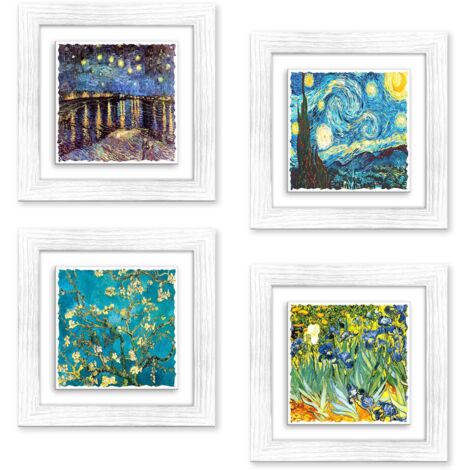 Lupia - Set di 4 Quadri su Ceramica VAN GOGH, Stampa a Rilievo Colori Vividi, Cornice Shabby bianca in Legno, Decorazione Creativa per Casa e Ufficio, 18x18 cm o 29x29 cm, Made in Italy 29x29 cm