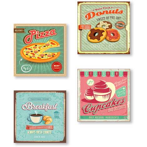 Lupia - Set Quadri Canvas su Carta Telata, Tema Vintage Food, 4 Pezzi Separati, Pronti da Appendere, 16x16 cm, Multicolore, Made in Italy, Decorazione per Cucina, Pizzeria Ristorante Bar pub