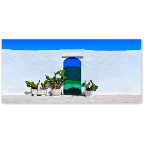 Lupia - Quadro moderno su Tela Canvas DEEP 65X143 cm, con paesaggi e localismi italiani, per casa, soggiorno, capezzale camera da letto, hotel, ufficio, PUGLIA - OSTUNI PORTA BLU (1/4)